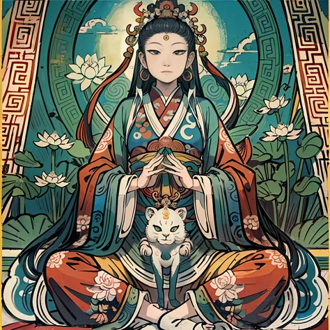 an ancient Chinese goddess, guanyin of the southern seas, Guanyin, Inspired by India, Avalokiteshvara Bodhisattva Lion，,Serene expression,shui mo hua,Buddha,Buddhist,Lotus,Chinese painting style,Thangka style