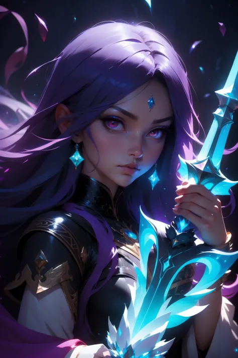 (mysterious:1.3), ultra-realistic mix fantasy, giant eastern dragon, asian woman holding a glowing sword,void energy thunder sword, in the style of dark azure and light azure, mixes realistic and fantastical elements, vibrant manga, uhd image, glassy trans...