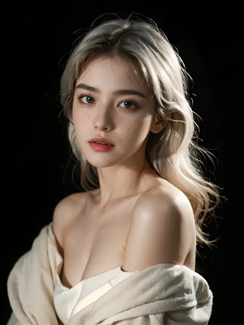 Best quality, masterpiece, ultra high res, (photorealistic:1.5), raw photo, 1girl, offshoulder, in the dark, deep shadow, low key, cold light, sexy look, white hair, long wavy hair