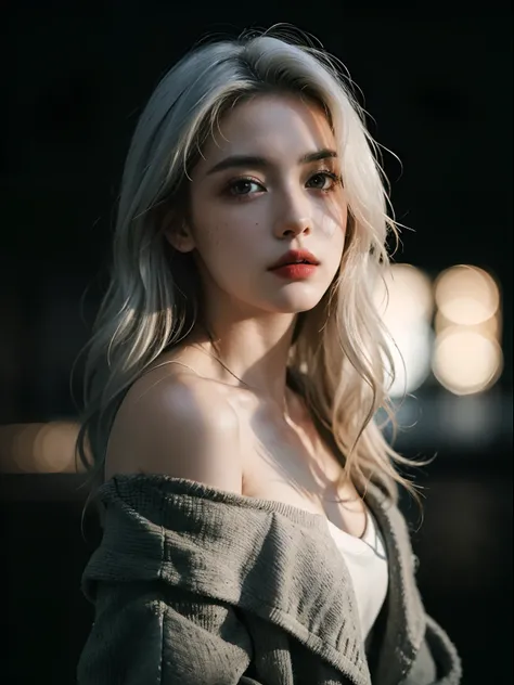 Best quality, masterpiece, ultra high res, (photorealistic:1.5), raw photo, 1girl, offshoulder, in the dark, deep shadow, low key, cold light, sexy look, white hair, long wavy hair