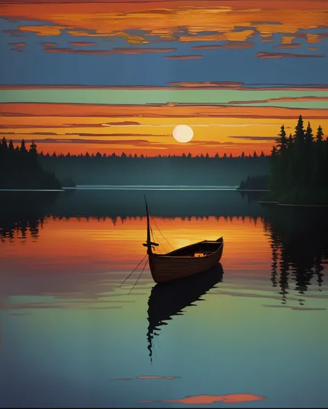 painting of a boat on a lake with a sunset in the background, a fine art painting inspired by Tom Thomson, pixabay, american scene painting, painting of beautiful, calm evening, scenery art detailed, warm beautiful scene, serene evening atmosphere, a beaut...