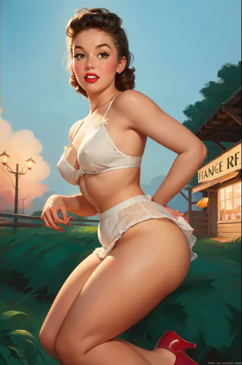 20 years old Girl sitting on fance of the farm, No Bra, No Panties, medium breast, shining skin, dramatic lighting, pin up style, sexy, surprised, , colorful , masterpieces, illustrated, shining skin, detailed face, Medium breast. tight body. Illustrated B...