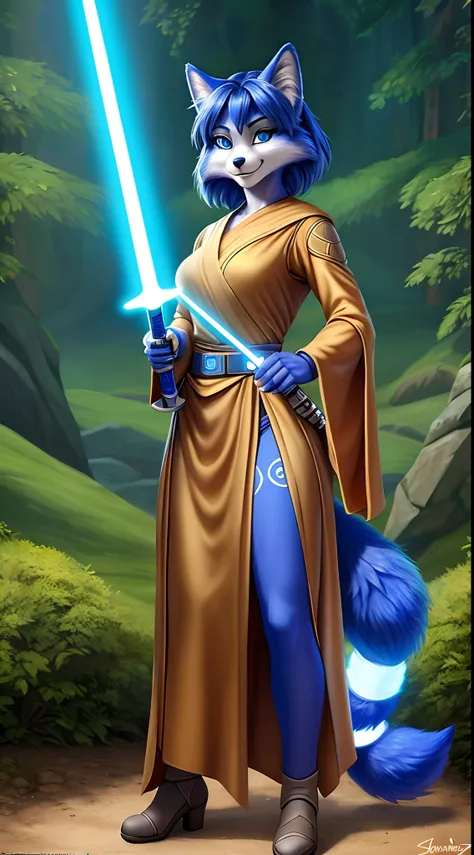 Von iskra, von wolfy-nail, von Personalami, Krystal, Krystal von Star Fox, weiblich, (detailliert), Ansicht des Betrachters, flauschig, solo, high resolution, fotorealistisch, niedlich schauend, verlegend schauend, Jedi outfit, outfit, ((jedi)), Star Wars,...