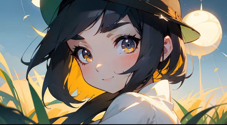 Original Characters、Volume Lighting、Best Shadows、Shallow depth of field、Portrait of an amazingly beautiful girl、Delicate beautiful attractive face with petite and seductive eyes、夏天、Starry night sky、Sharp Eyebrows、huge smile、Look back and look back、Black Ha...