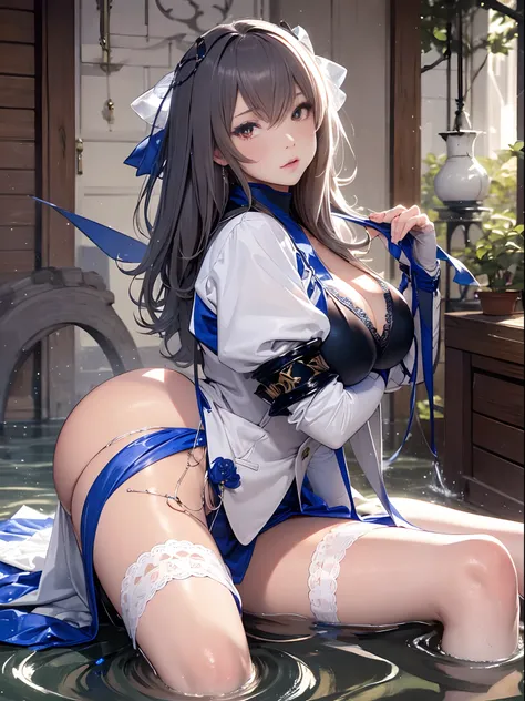 （Enrich the picture，Masterpiece level quality）Beautiful 8K CG artwork，Goddess-like posture，sittinng on the river，Postural exercises，Slim and soft，Translucent skin，Blue hair、The beauty of extra-long hair, Super Long Straight Hair，The skin is fair and juicy，...