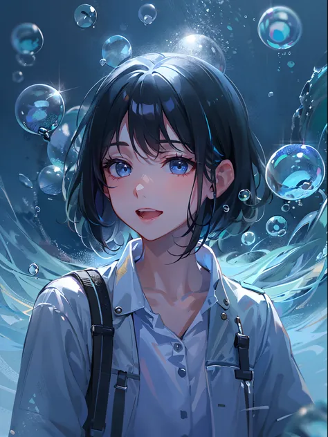 ((top-quality)), ((​masterpiece)), ((ultra-detailliert)), (extremely delicate and beautiful), girl with, 独奏, cold attitude,((Black jacket)),She is very(relax)with  the(Settled down)Looks,A dark-haired, depth of fields,evil smile,Bubble, under the water, Ai...