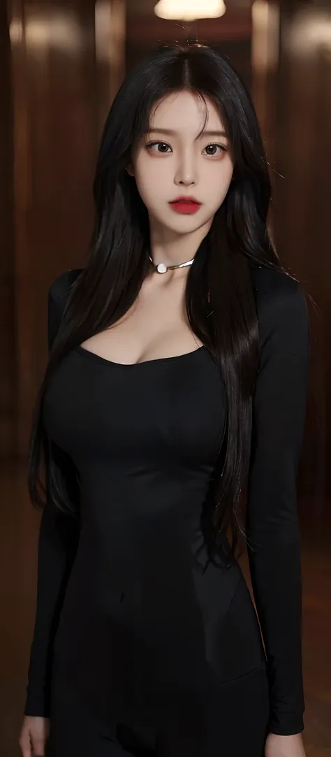 (realistic, high resolution:1.3), (upper body), 1 girl with perfect figure, super fine face and eyes, black hair, long hair, tight suit, collar, inside house, (big breasts),