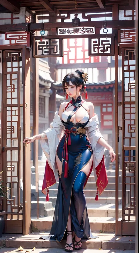 Ancient Chinese architecture，National style beautiful girl，Wear revealing Hanfu，Simple clothing， Minimalist style，Mixed Chinese and American races，The background is blurred out，focal，电影灯光，(((tmasterpiece))), ((best qualtiy)), ((Complex and detailed)), ((ul...