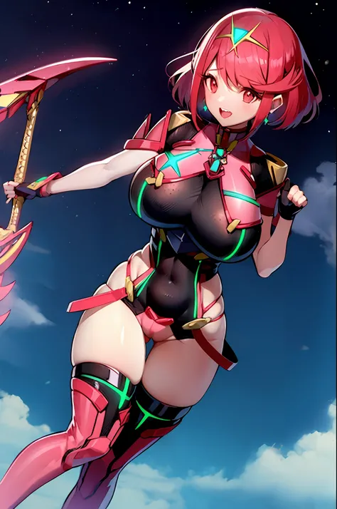 pyra (xenoblade), teen_1girl, armor, bangs, black gloves, breasts, red eyes, closed mouth, earrings, eyelashes, fingerless gloves, floating hair, framed breasts, gem, gloves, hair ornament, headpiece, jewelry, big_breasts, leaning back, leotard, neon trim,...