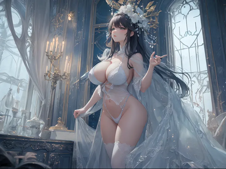 The ultimate masterpiece，(Fidelity:1.2)，(Raised sexy)，(Asian girl))，Unlimited scenery，(White:1.2+White:1.1)，gigantic cleavage breasts，curves：1.1，Big breasts that expose the，(semi transparent:1.1)，Transparent open thong，Lots of pubic hair，Open crotch racket...