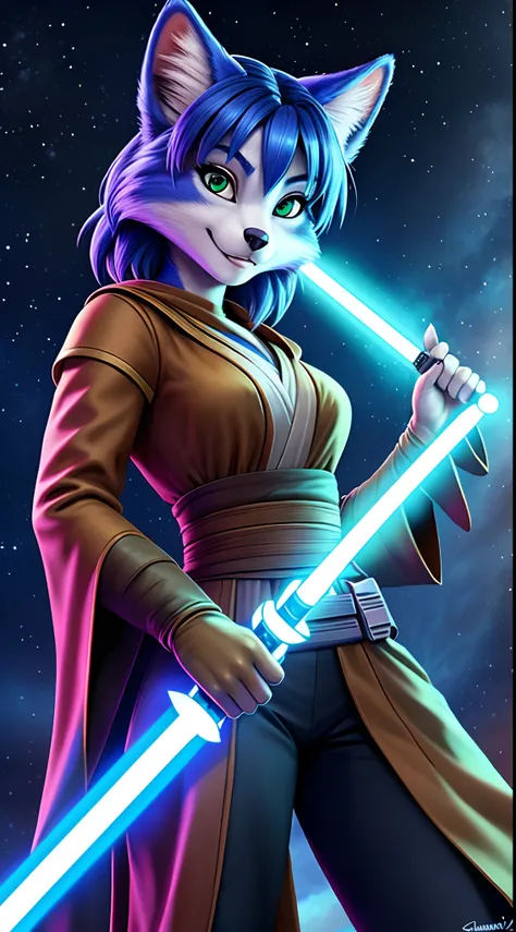 Von iskra, von wolfy-nail, von Personalami, Krystal, Krystal von Star Fox, weiblich, (detailliert), Ansicht des Betrachters, flauschig, solo, high resolution, fotorealistisch, niedlich schauend, verlegend schauend, Jedi outfit, outfit, ((jedi)), Star Wars,...