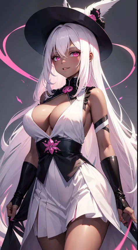 young girl, black skin, Long white hair with a pink parting, pink eyes, smirk, Vampire, White rich dress, Sleeveless, open breasts, Masterpiece, hiquality