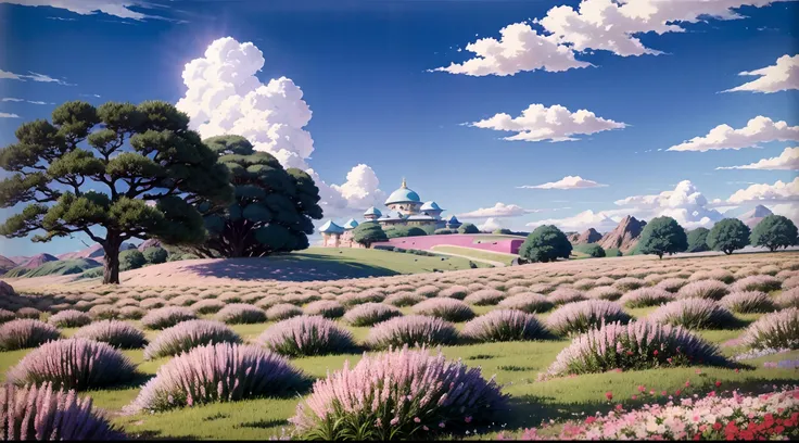 photorealestic，Realiy，Beautiful and amazing landscape oil painting Ghibli Studio Miyazaki petals steppe with blue sky and white clouds，anime big breast，dream magical