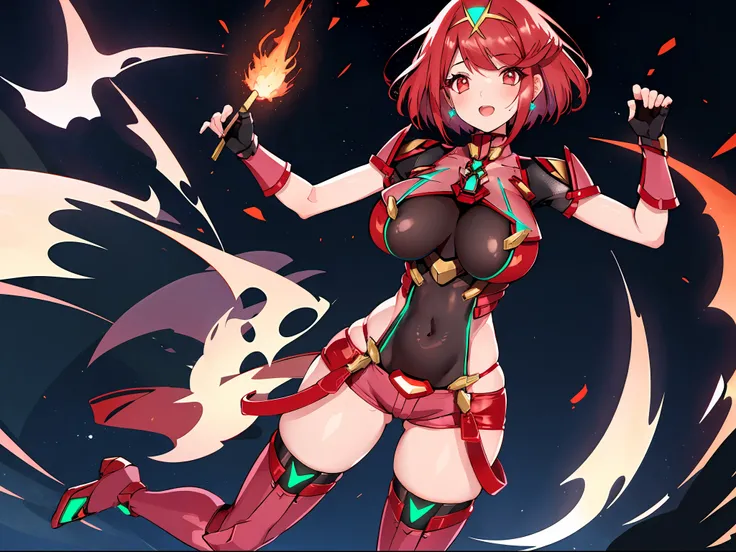 pyra (xenoblade), teen_1girl, armor, bangs, black gloves, breasts, red eyes, closed mouth, earrings, eyelashes, fingerless gloves, floating hair, framed breasts, gem, gloves, hair ornament, headpiece, jewelry, big_breasts, leaning back, leotard, neon trim,...