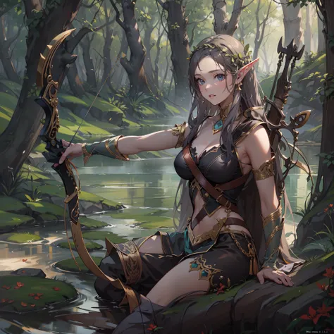 fallen wood,Elves with compound bows:1.5,Elf with a bow:1.5,arrow,flat breasts,dutch angle shot,ground-level shot,low angle,full body shot,medium shot,hunter:1.2,One unicorn:1,3, One Girl and One Fairy:1.8,Undulating lakes,deep-forest,Blowing in the wind,H...