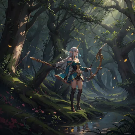 fallen wood,Elves with compound bows:1.5,Elf with a bow:1.5,arrow,flat breasts,dutch angle shot,ground-level shot,low angle,full body shot,medium shot,hunter:1.2,One unicorn:1,3, One Girl and One Fairy:1.8,Undulating lakes,deep-forest,Blowing in the wind,H...