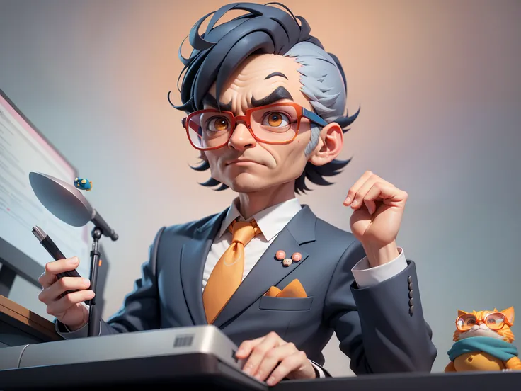 A young man in a suit, Short hair and glasses sat at his desk，holding laptop，digitial painting，tigre，3D character design by Mark Clairen and Pixar and Hayao Miyazaki and Akira Toriyama，4K HD illustration，Very detailed facial features and cartoon-style visu...