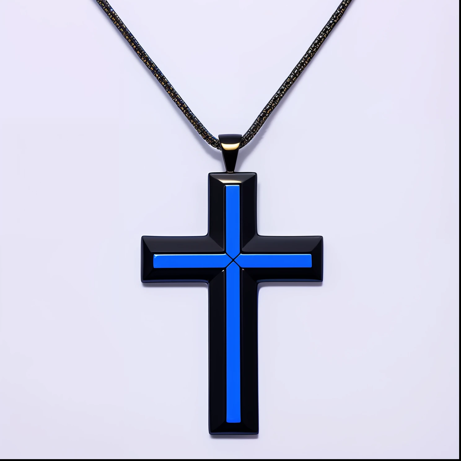 Close up of the cross on a chain with blue stripes, Blue-black, Black and blue, Blue and black, neon cross, black in color、Blue and gold jewelry, blue silver and black, Leviathan Cross, profile photo, author：Matsumoto Taiyo, gradient blue black, ERU, presi...