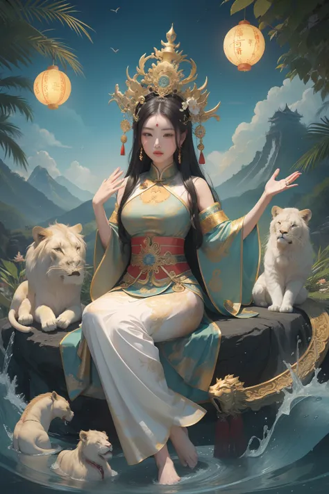 an ancient Chinese goddess, guanyin of the southern seas, Guanyin, Inspired by China, Avalokiteshvara rides a lion，,Serene expression,shui mo hua,Buddha,Buddhist,Lotus,Chinese painting style,Thangka style