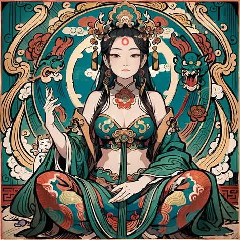 an ancient Chinese goddess, guanyin of the southern seas, Guanyin, Inspired by India, Avalokiteshvara Bodhisattva Dragon，,Serene expression,shui mo hua,Buddha,Buddhist,Lotus,Chinese painting style,Thangka style