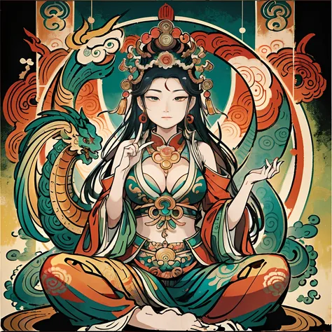 an ancient Chinese goddess, guanyin of the southern seas, Guanyin, Inspired by India, Avalokiteshvara Bodhisattva Dragon，,Serene expression,shui mo hua,Buddha,Buddhist,Lotus,Chinese painting style,Thangka style