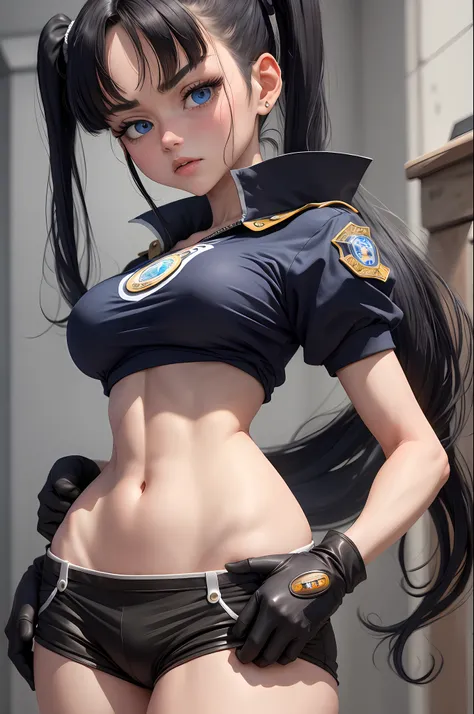 masterpiece, best quality, highres, videl2, solo, blue eyes, black hair, twintails, black gloves, bike_shorts, bangs, white shirt, badge, medium breasts, cowboy shot, frown, hand on hip, leaning forward, pointing at viewer,