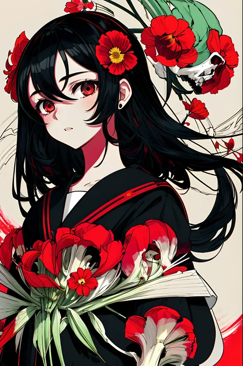 Masterpiece, Best quality, Flat color, limited palette, Low contrast,
1girll, serafuku, Long straight black hair,
Garlic flowers, goat skull,
(Red, black)