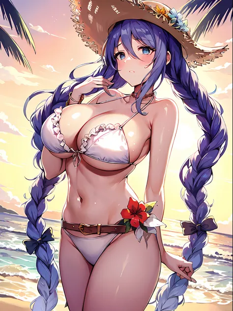 ​masterpiece, Best Quality，top-quality，{{{sizzle (Sizzle Summer)sprincess connect!}}}，{{{Long braided twin tails}}}，Light blue-violet hair，red blush，light blue  eyes，Nasty face，Very large breasts，very sagging chest，女の子1人，Big straw hat，White Bikini，{{{White...