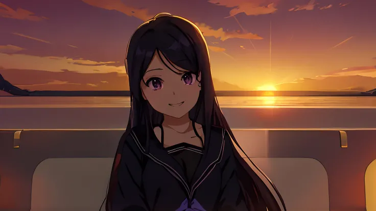 anime girl with long black hair and purple eyes sitting on a train, watching the sun set. anime, ((sunset)), with sunset, with a sunset, sunset!, sunset!!!, anime style. 8k, anime girl with long hair, at a beautiful sunset, inspired by Yang J, in the sunse...