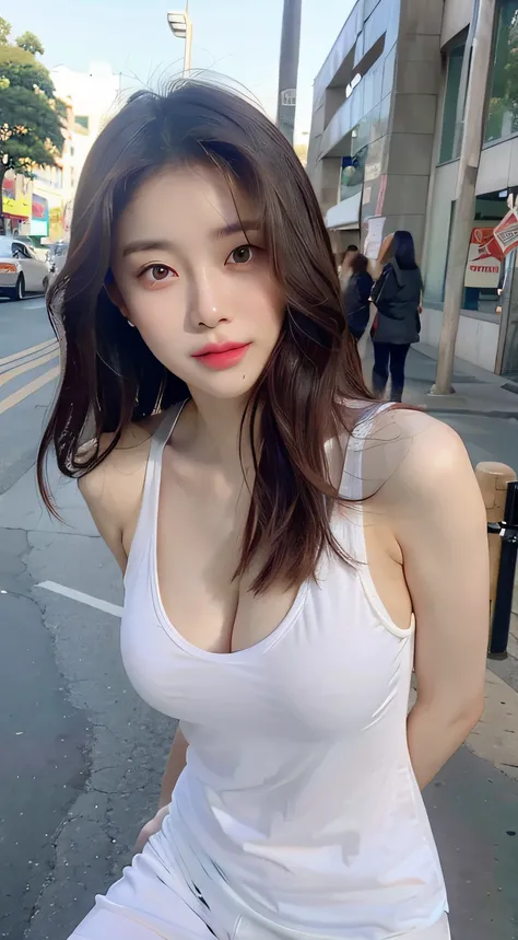 Allalin asian woman in white tank top posing for photo, Gorgeous young Korean woman, beautiful Korean women, Beautiful young Korean woman, Hot with shining sun, Young adorable Korean face, wearing a low cut tanktop, Korean Girl, lovely delicate face, light...