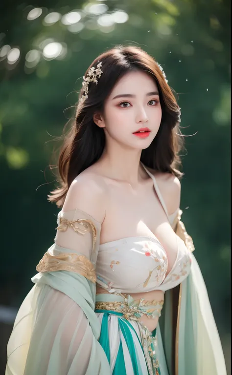 ((Best Quality, 8k, Masterpiece: 1.3)), Focus: 1.2, Perfect Body Beauty: 1.4, Buttocks: 1.2, ((Layered Haircut)), (Wet Clothes: 1.1), (Rain, Street:1.3), (Breasts: 1.2), (Hanfu: 1.2), Bare Shoulders, Bare Legs, Highly Detailed Face and Skin Texture, Fine E...