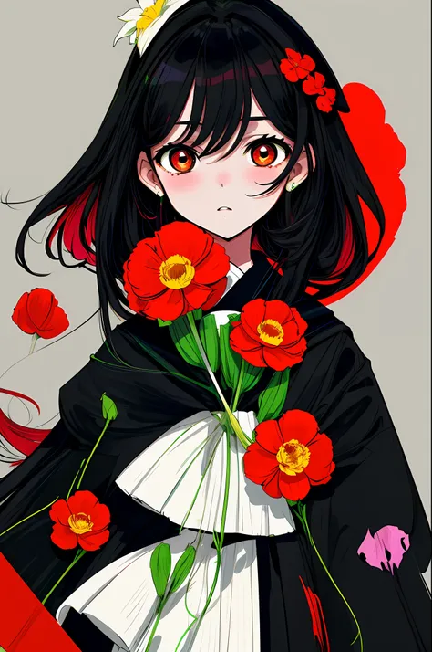 Masterpiece, Best quality, Flat color, limited palette, Low contrast,
1girll, serafuku, Long straight black hair,
Garlic flowers, goat skull,
(Red, black)