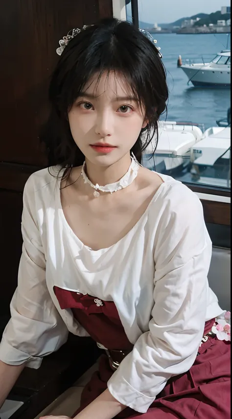 best qualtiy，tmasterpiece，超高分辨率，（realisticlying：1.4），1girll，Large wavy curls，二重まぶた，A pair of peach blossom eyes，Pure，Beautiful，stunner，choker necklace，adolable，Snow-white translucent skin，head straight-looking at viewer，On the yacht，Full of atmosphere，Pure...