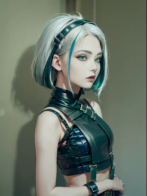 ((((Buckles, Straps)))), Seductive, ((Black leather)), ((leather bustier, goth)), Slightly happy, Short hair, (((white hair))), ((white hair with ((blue tips)))), blue dye, ((((((green eyes)))))), ((small breasts)), best quality, high-res, masterpiece, 8k,...