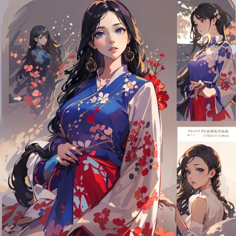 garments:Woman in blue Ao Dai:1.8,Woman in red Ao Dai:1.8,2 girls,accessory:shell necklace,The hair:Long Black Hair:1.1,dutch angle shot,low angle,full body shot,medium shot,make - up:natural, Glowing skin、Wearing sweat, BEReaction:relax、Free-spirited、 The...