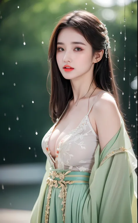 ((Best Quality, 8k, Masterpiece: 1.3)), Focus: 1.2, Perfect Body Beauty: 1.4, Buttocks: 1.2, ((Layered Haircut)), (Wet Clothes: 1.1), (Rain, Street:1.3), (Breasts: 1.2), (Hanfu: 1.2), Bare Shoulders, Bare Legs, Highly Detailed Face and Skin Texture, Fine E...