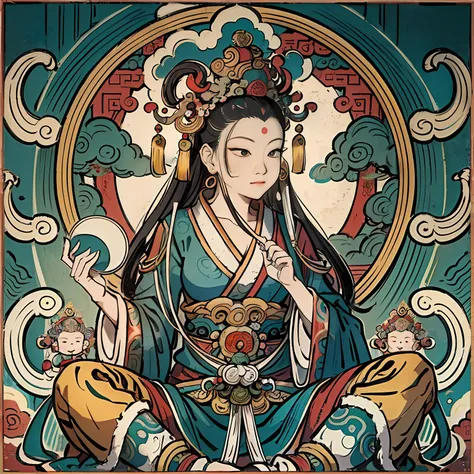 an ancient Chinese goddess, guanyin of the southern seas, Guanyin, Inspired by India, Avalokiteshvara Bodhisattva Tiger，,Serene expression,shui mo hua,Buddha,Buddhist,Lotus,Chinese painting style,Thangka style