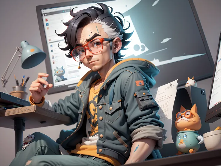 A young man with glasses sits at his desk，holding laptop，digitial painting，3D character design by Mark Clairen and Pixar and Hayao Miyazaki and Akira Toriyama，4K HD illustration，Very detailed facial features and cartoon-style visuals。