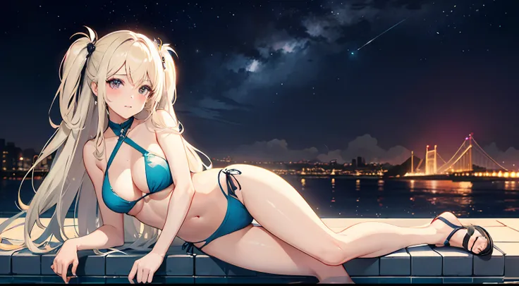 ((Best Quality)), (Ultra-detailed), ((Extremely detailed)), (Beautiful), ((Kawaii Girl)),(two side up hair).,Platinum Blonde Hair,Long hair, hair between eye, Wavy Hair, Long sideburns,Jade-colored eyes, White skin,Normal Chest,Slender body,Cross Halter Bi...