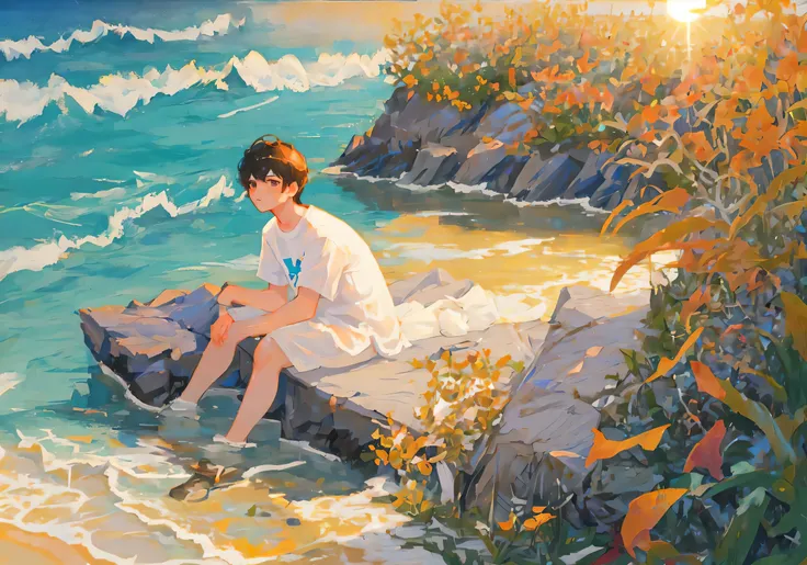 masterpiece, best quality, ultra-detailed, illustration, 1boy, white shirt, sea shore, sun shine, water, sit