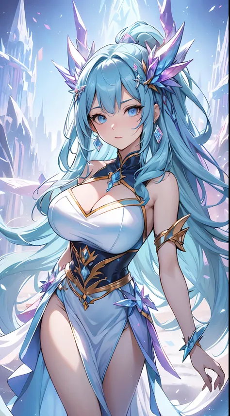 best qualityer，tmasterpiece，Ultimate resolution，downy，Extremely colorful，Colorful，palace background，A dragon girl，Royal Sister，Light blue bandeau maxi dress，huge tit，A pair of ice crystal dragon horns，（Ice blue super long hair），Ice crystal palace backgroun...