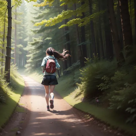 in woods、girl with、Running away from a bear