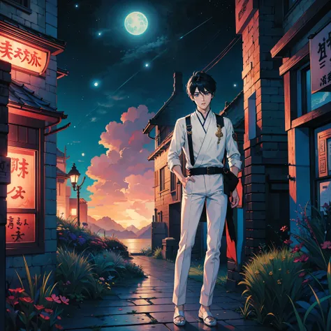 the night，themoon，Anime boys look serious， ig studios anime style, nightcore, style of anime4 K, High quality anime art style, Anime boy, young anime man, Anime art style, Digital anime illustration, Anime style. 8K, in an anime style, male anime character...