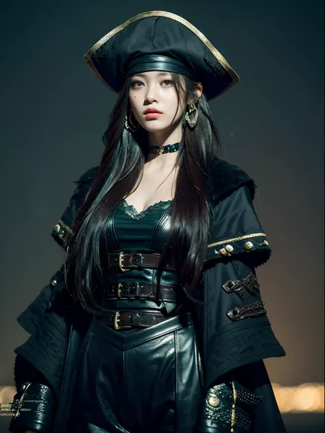 (top-quality、hight resolution、​masterpiece:1.3)、Creates a female work that combines a dark and crazy world view centered on black with intense fantasy elements in high quality。(Pirate Captain, Pirate Costume, Hats, on a pirate ship)Shes dressed as a pirate...