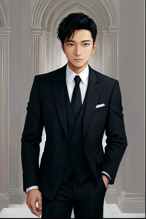 tmasterpiece，A man in a suit and tie，posed for photo，wearing a black noble suit，wearing black suits，dressed in a suit，luxurious suit，Handsome，rays of sunshine