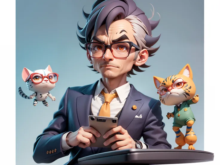 A young man in a suit, Short hair and glasses sat at his desk，holding laptop，digitial painting，tigre，3D character design by Mark Clairen and Pixar and Hayao Miyazaki and Akira Toriyama，4K HD illustration，Very detailed facial features and cartoon-style visu...