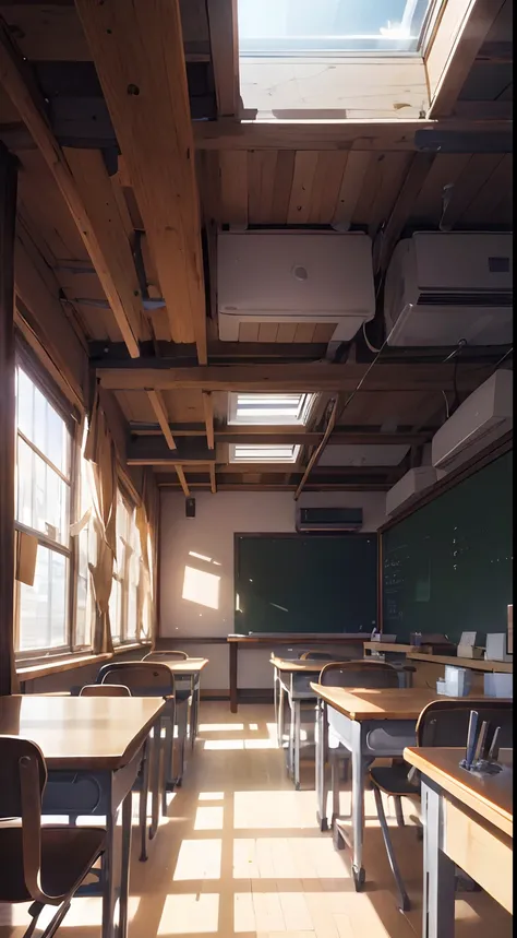 An immersive portrayal of a Japanese classroom illuminated by majestic lighting, captured in a photorealistic style. The lighting bathes the room in a soft, natural glow, highlighting the intricate details of the space. The scene is meticulously rendered i...