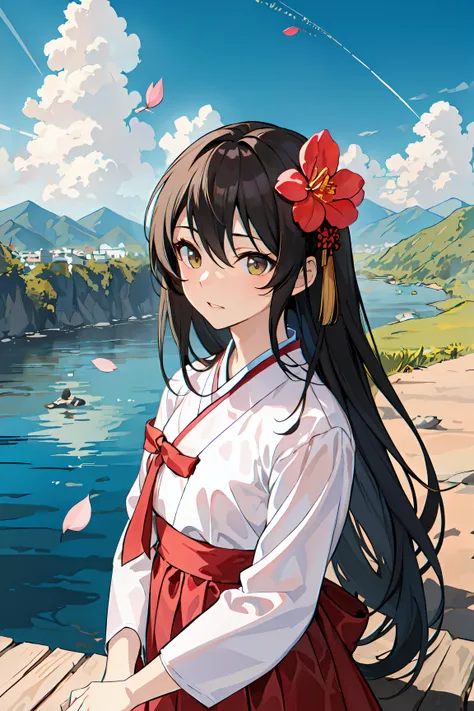 (masterpiece:1.2, best quality), 1lady, solo, hanbok, korean traditional clothes, (apricot blossom:1.1), Fluttering flowers, black hair, (sky, river, cliff), sit on wood, upper body