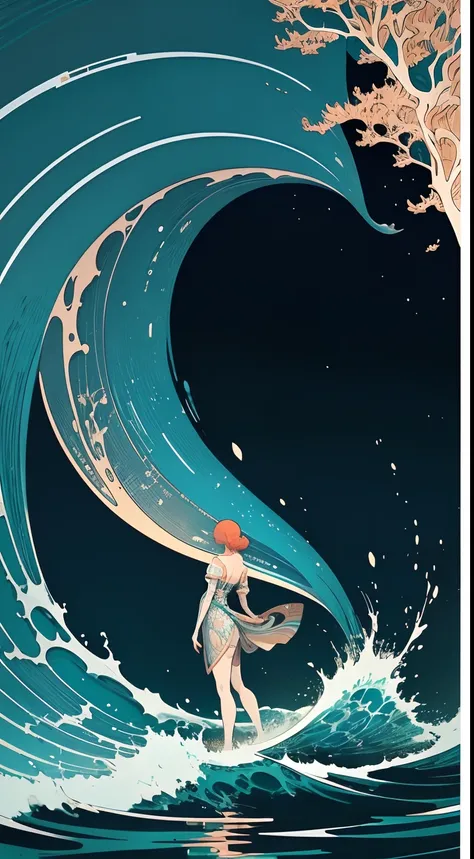 a close up of a person standing in the water with a wave, victo ngai style, botticelli and victo ngai, victo ngai! muted colors, inspired by Victo Ngai, victo ngai and tristan eaton, by Victo Ngai, james jean and victo ngai, ( ( victo ngai ) )