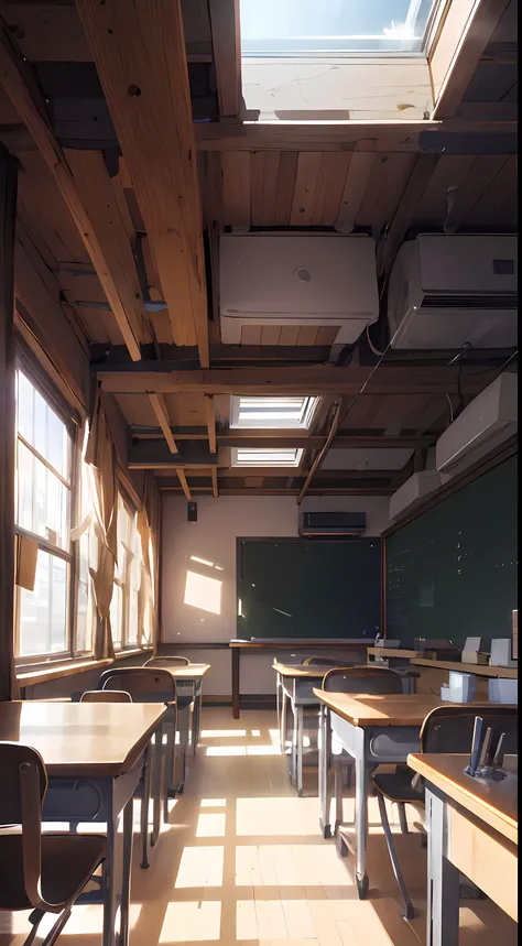 An immersive portrayal of a Japanese classroom illuminated by majestic lighting, captured in a photorealistic style. The lighting bathes the room in a soft, natural glow, highlighting the intricate details of the space. The scene is meticulously rendered i...